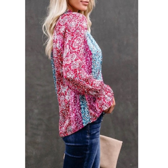 Women Pink Floral Split Neck Printed Boho Blouse - Picture 4 of 7
